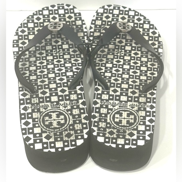 Tory Burch Womens Reva Rubber Flip Flops Black & Gray Logo Womens Wedges - Picture 9 of 11